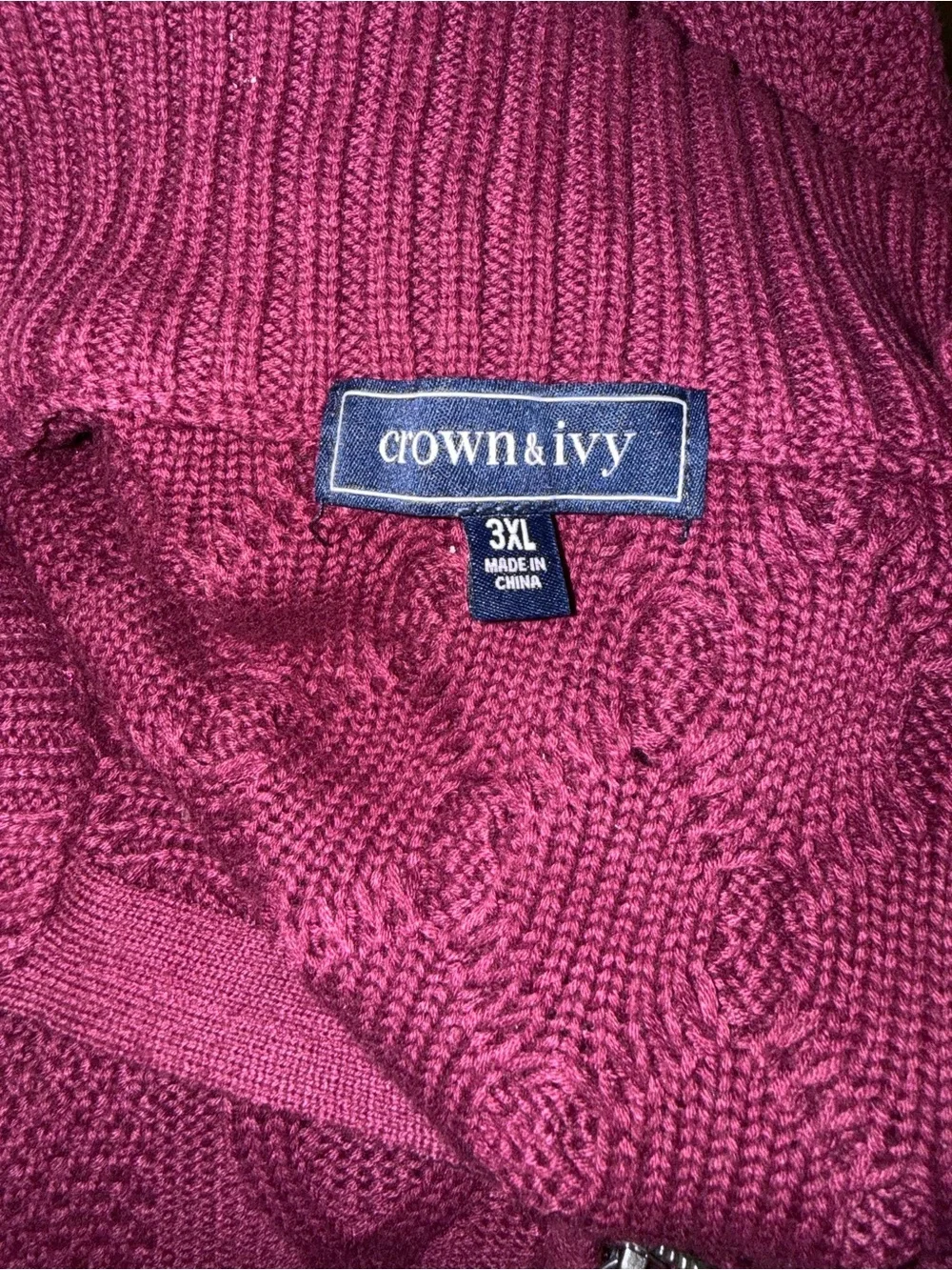 Crown & Ivy 3XL Burgundy Cable Knit 1/4 Zip Sweater